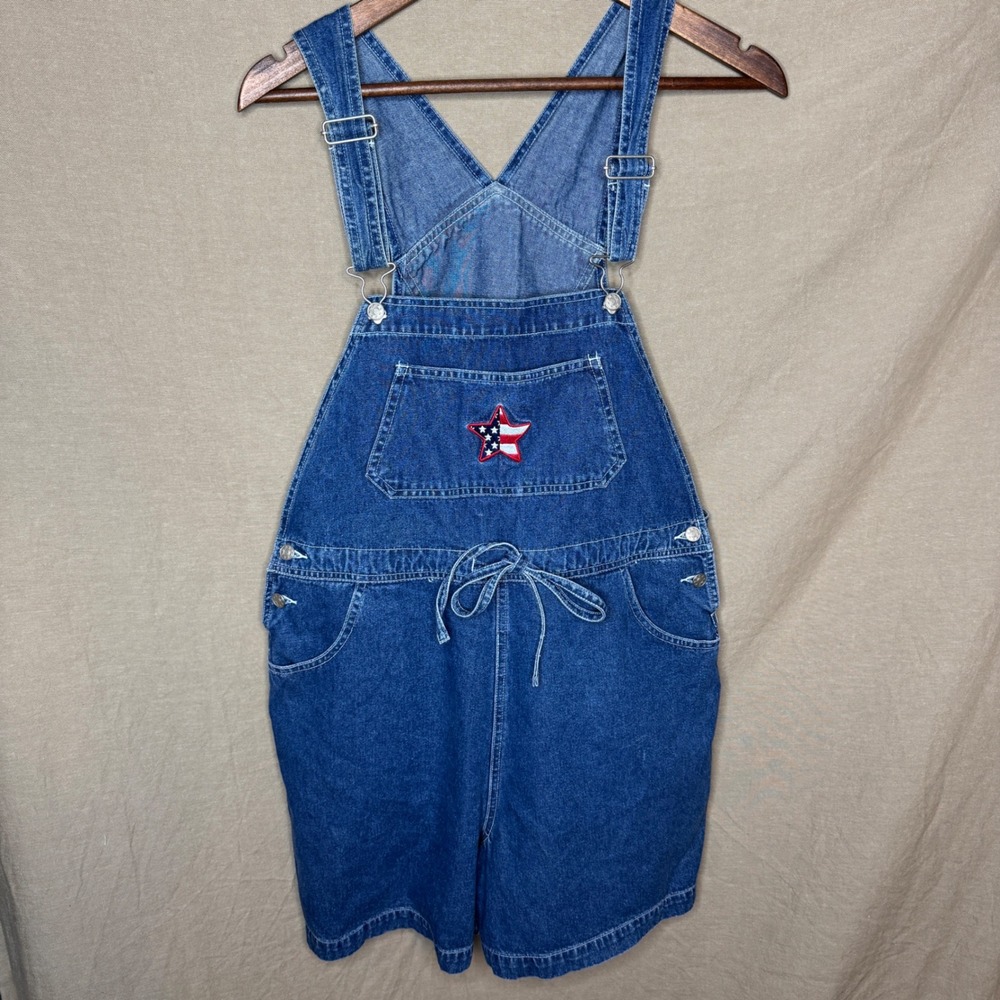 Vintage Denim Overall Shorts XL Blue American Flag Star 90s Americana
